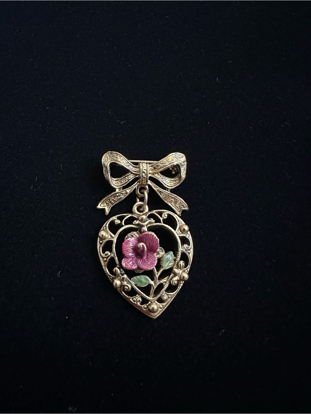 Gold-tone Heart Bow Brooch with Pink Flower EUC